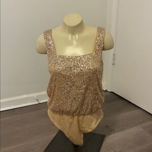 BCBG Gold Sequin Bodysuit Square Neckline NYE Party Medium